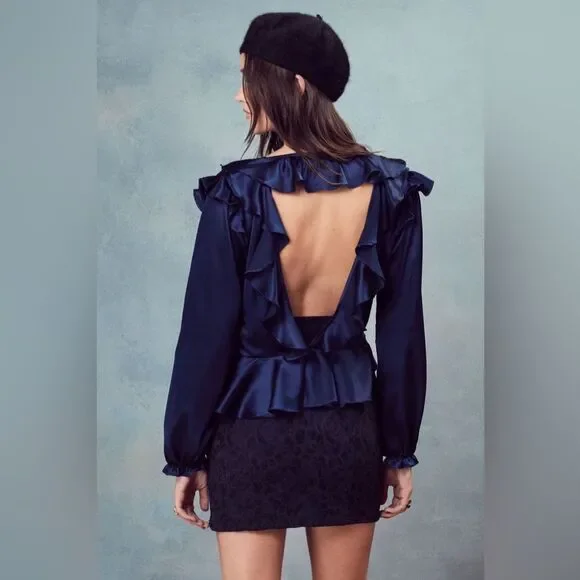 For Love and Lemons 🍋 Blue Satin Better Open Back Ruffle Blouse Size S - Picture 2 of 11
